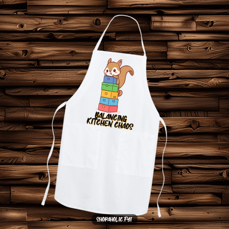 Funny Squirrel Box Tower Apron - Humorous apron depicting a determined squirrel balancing a stack of colorful boxes, perfect for kitchen tasks.