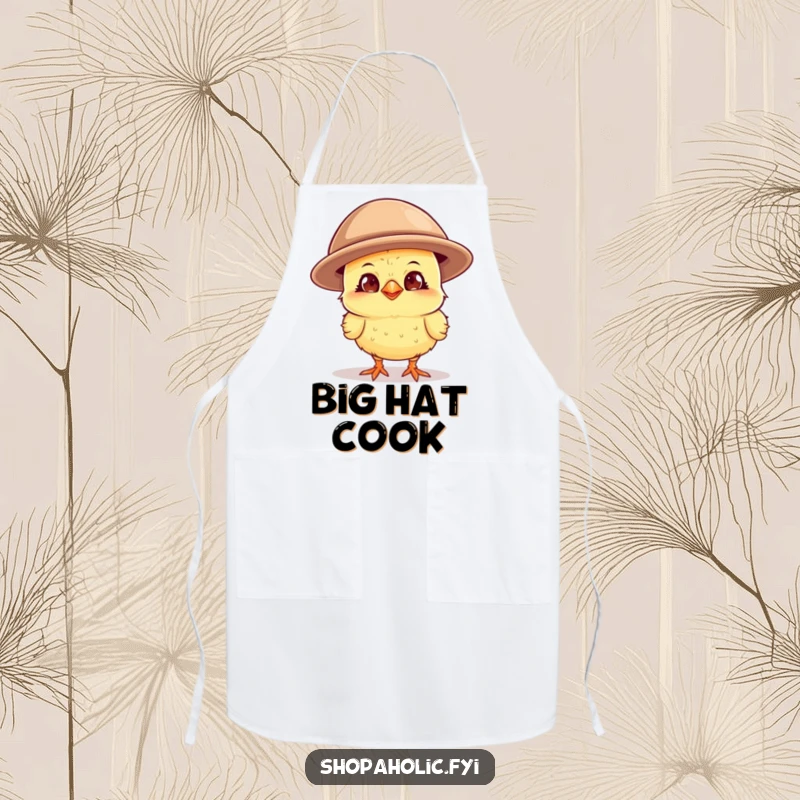 Funny curious chick with a wide grin, sporting a comically oversized hat, a comical and protective apron for fashion enthusiasts.