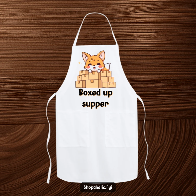 Funny Apron with a delighted fox character peeking from behind many boxes, offering protection during home tasks.