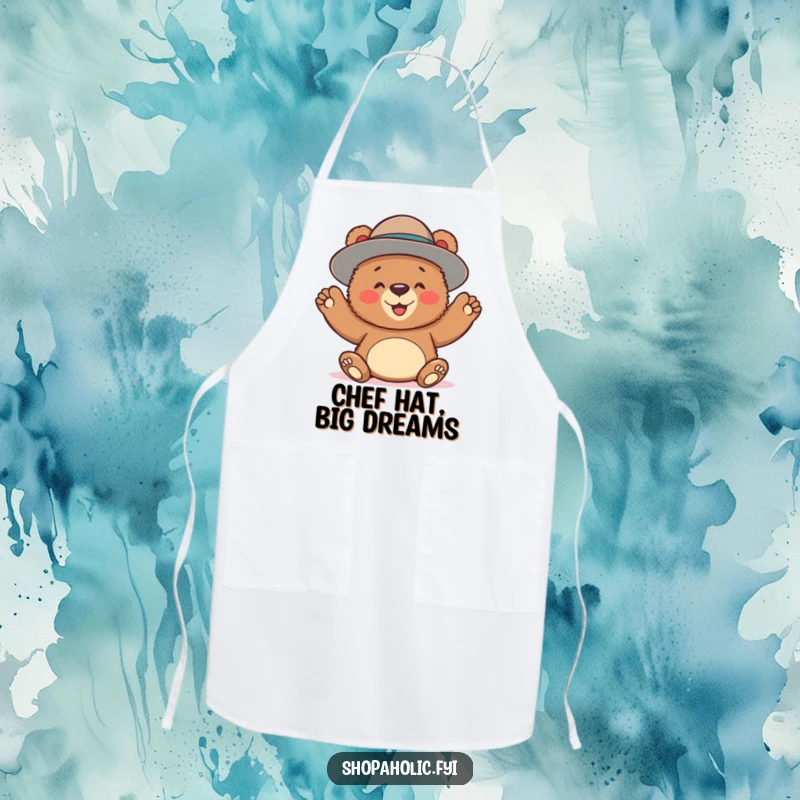 Funny apron featuring a bear enthusiastically wearing a huge hat, adding humor and charm to cooking and kitchen activities.