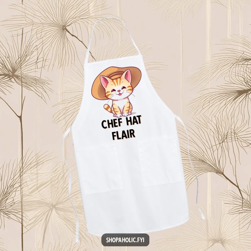 Funny apron with a happy cat character wearing an oversized hat, ready for humorous kitchen adventures.