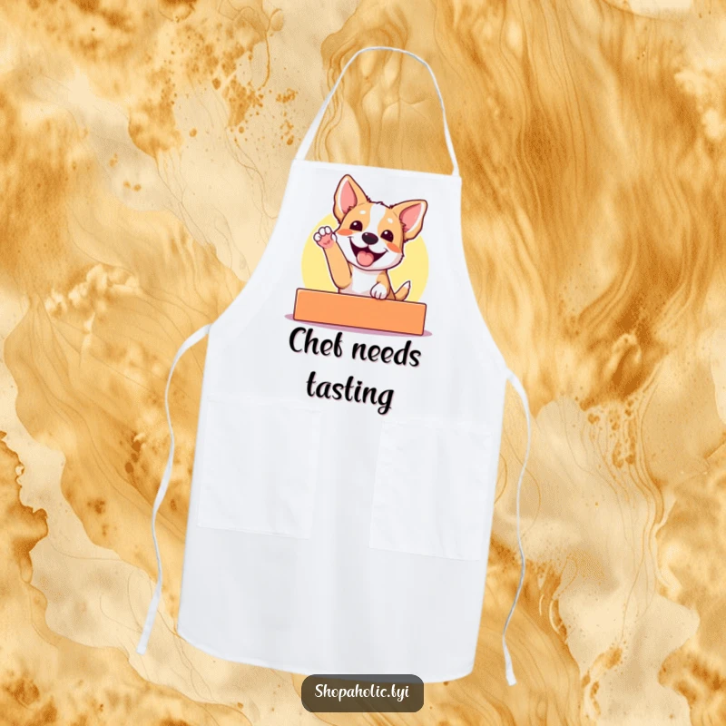 Funny dog apron featuring an excited dog gleefully reaching for a brightly colored display, perfect for dog lovers and kitchen enthusiasts.