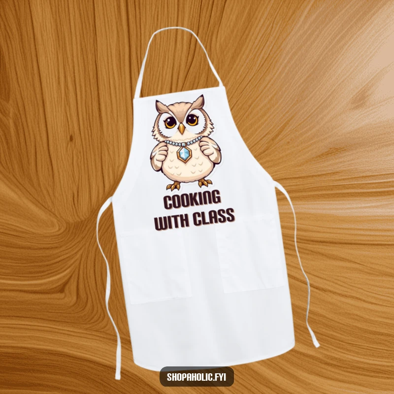 Funny Owl Jewelry Apron: A proud owl displaying a shiny necklace, ready for stylish kitchen adventures. Functional and amusing.