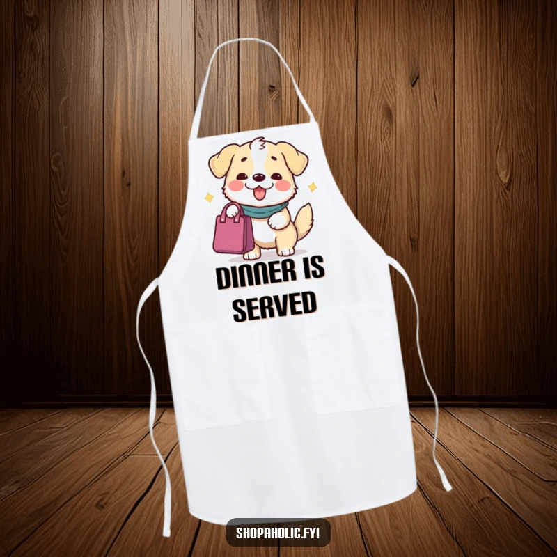 Funny Dog Apron: A content dog character offering a bag with a grand gesture, offering protection with a loving touch.