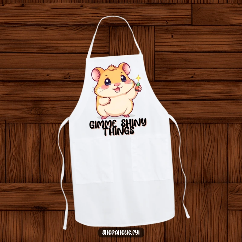 Funny apron featuring a cute hamster with sparkling eyes reaching for a shiny object, a humorous kitchen accessory.