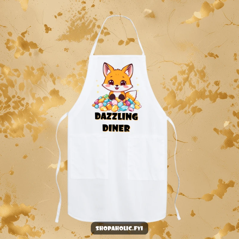 Funny apron with a gleeful fox digging into a pile of sparkling jewels, ready to add some sparkle to meal prep.