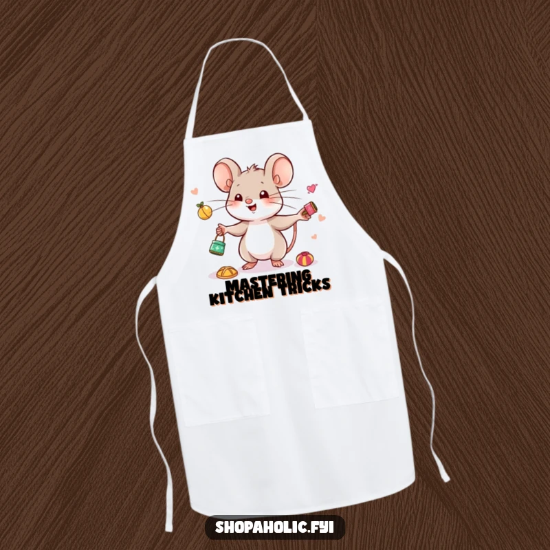 Funny Mouse Juggling Apron - Humorous apron depicting a cute mouse happily juggling tiny, desirable trinkets, perfect for kitchen collectors.