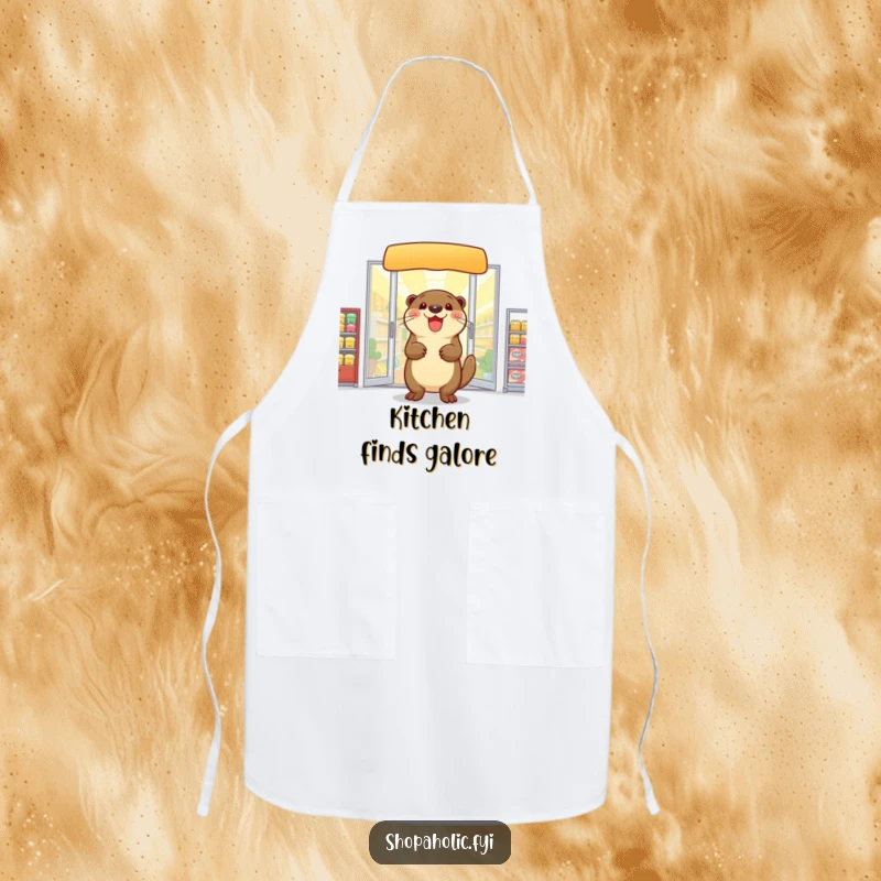Funny otter apron, exiting a store with arms full, ideal for cooking with a humorous touch, a shopping theme, a gift.