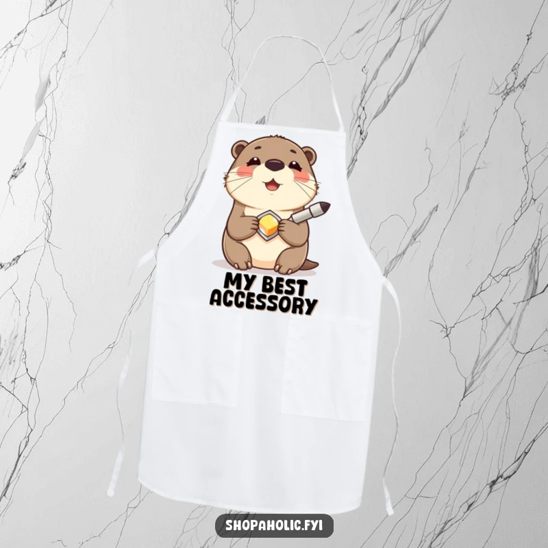 Funny Otter Apron showing a contented otter smiling while holding a shiny new accessory, ideal for humorous and joyful kitchen attire.