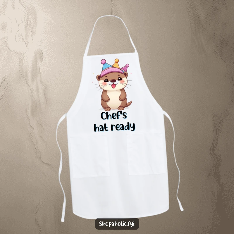Funny Apron featuring a bubbly otter enthusiastically wearing various glittering chef's hats, ready to cook up a storm with a smile.