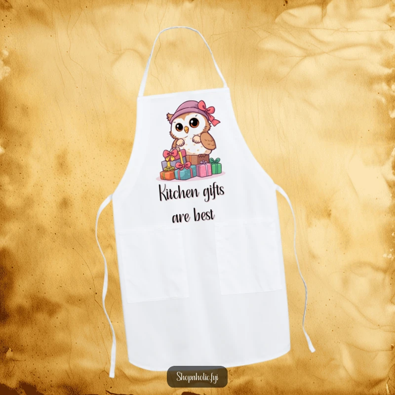 Funny Owl Apron: A curious owl peeks from behind a pile of gifts, a fun and functional kitchen accessory.