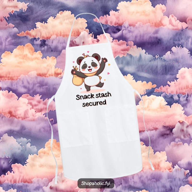 Funny apron depicting a giggling panda joyfully dancing, holding a bag brimming with tasty goodies, perfect for a cheerful cook.