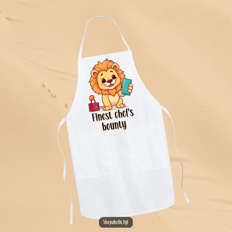 Funny apron featuring a proud lion admiring a new purchase with a stylish flourish, perfect for a sophisticated chef.