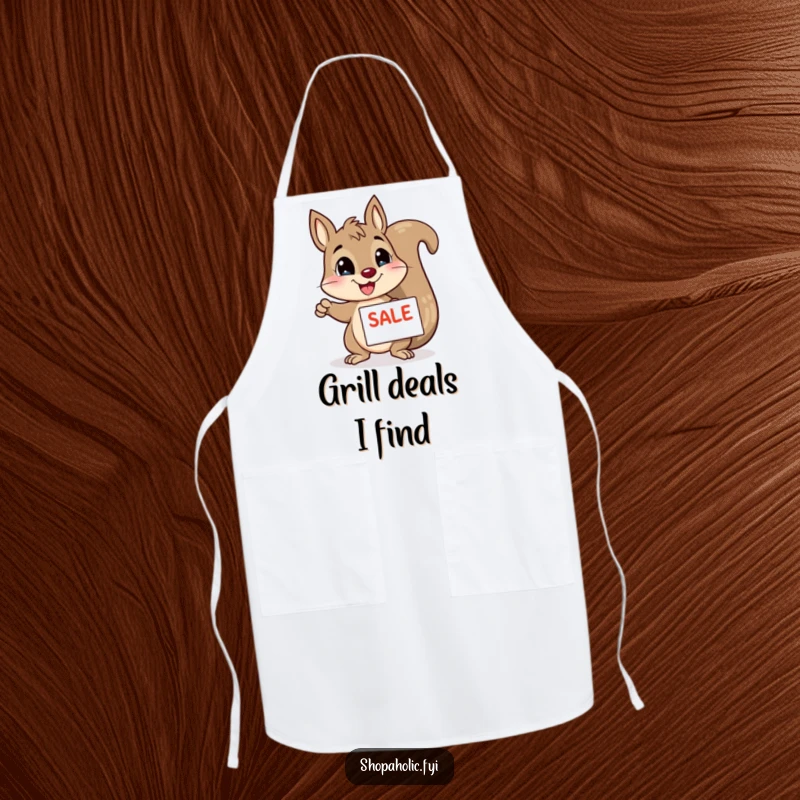 Funny squirrel apron, enthusiastically pointing at a sale sign, ideal for cooking and baking with a humorous touch, a gift.