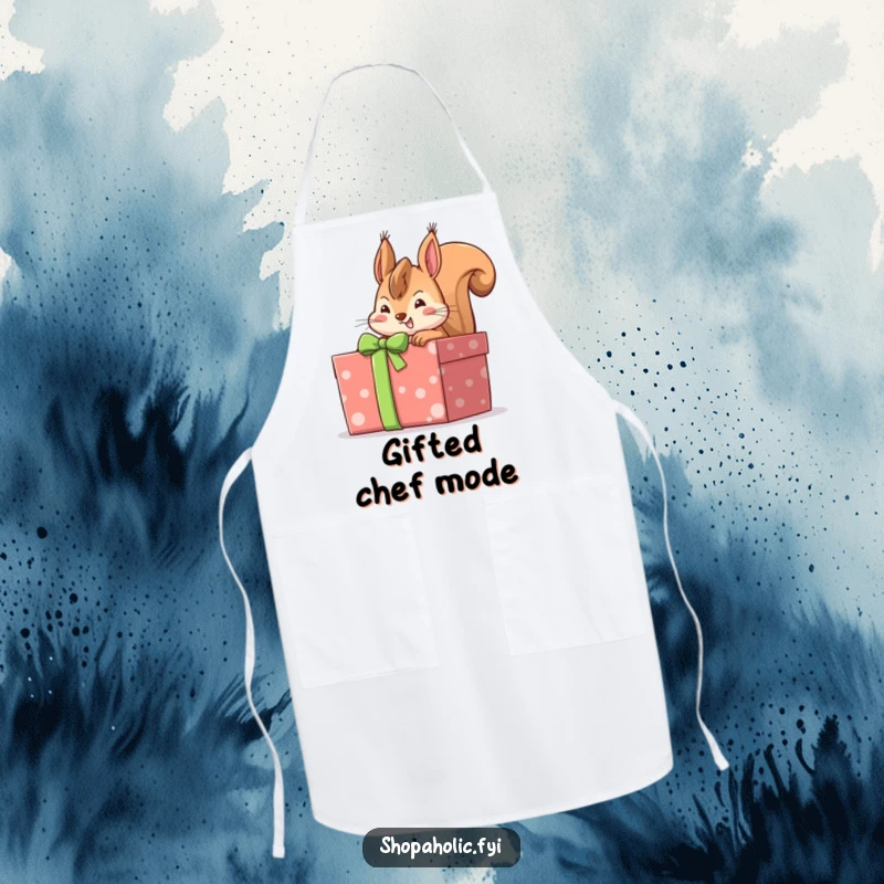 Funny cheerful squirrel peeking into a large gift-wrapped box with anticipation, a comical and protective apron for gift lovers.