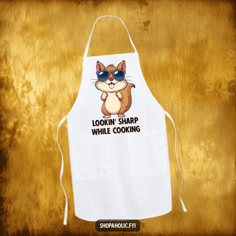 Funny Squirrel Sunglasses Apron: An energetic squirrel trying on sunglasses, ready for stylish kitchen adventures. Functional and amusing.