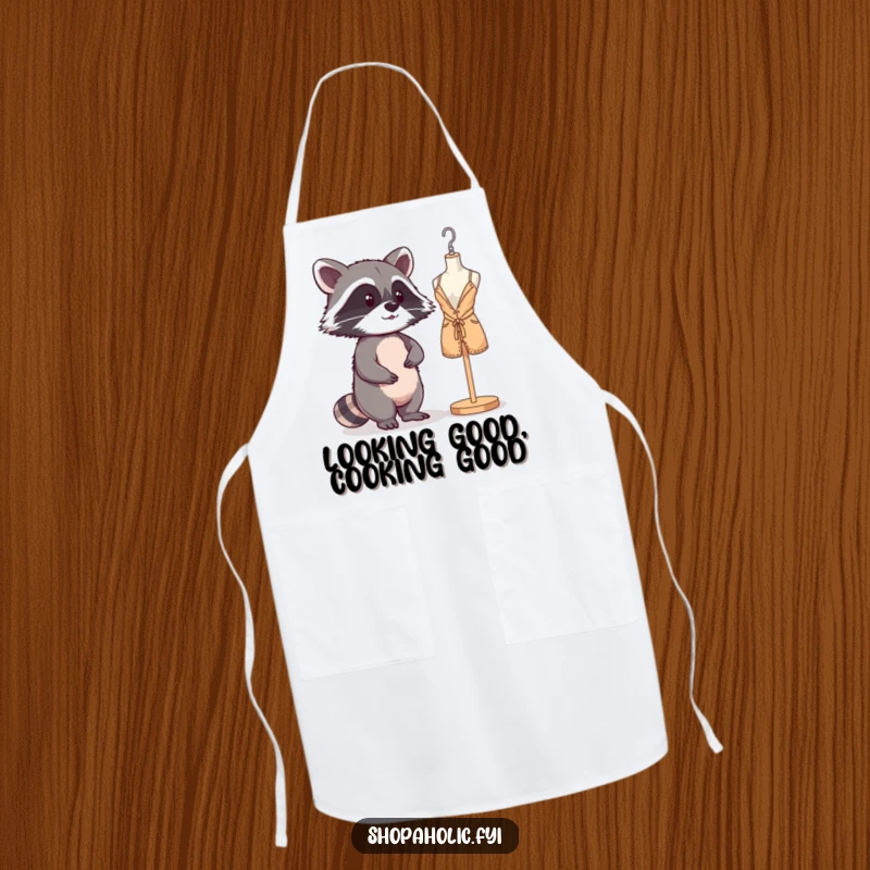 Funny Raccoon Mannequin Apron: A mischievous raccoon admiring its reflection, ready for stylish kitchen adventures. Functional and amusing.