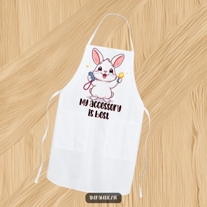Funny Apron: A delighted rabbit proudly displays a shiny new accessory, ready for kitchen adventures with a humorous and protective flair.