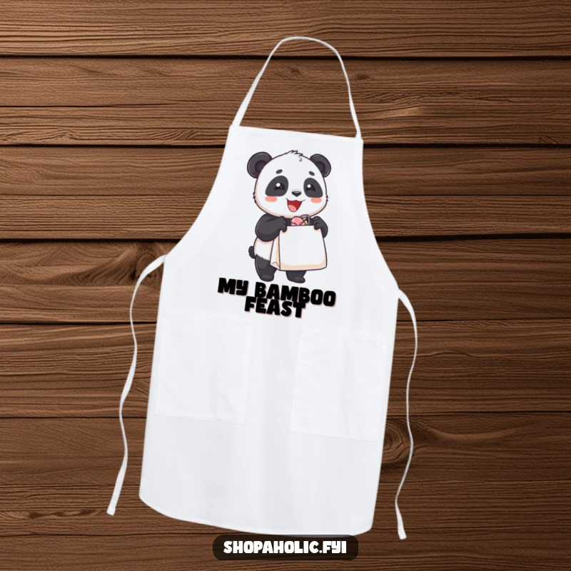Funny apron featuring a delighted panda bear holding an overflowing shopping bag, practical and humorous for shoppers and home enthusiasts.