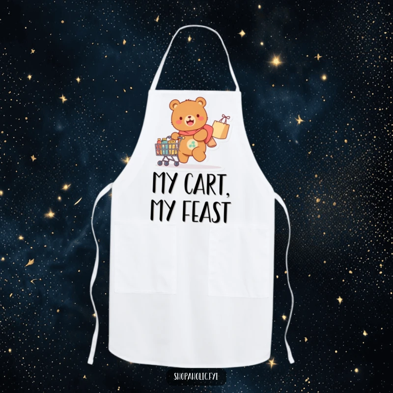 Funny Apron: A delighted bear happily pulls a cart overflowing with shopping bags, bringing humorous charm and protection to the kitchen.