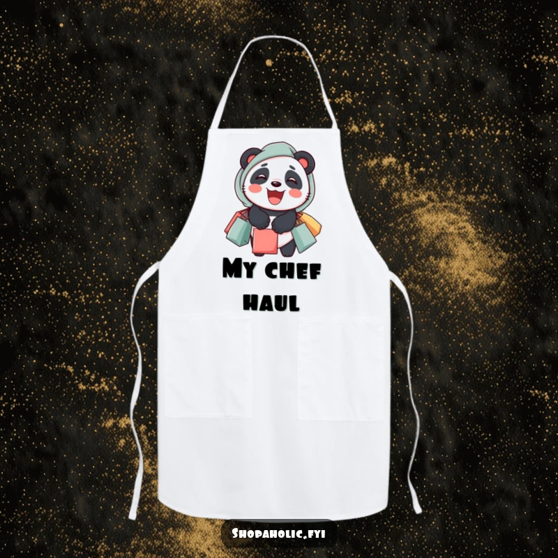 Funny panda apron featuring a delighted panda with overflowing shopping bags, perfect for kitchen or shopping trips.