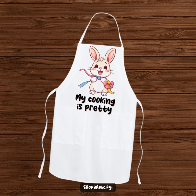 Funny Bunny Apron: A cheerful bunny excitedly unwraps a colorful ribbon, a fun and functional kitchen accessory.