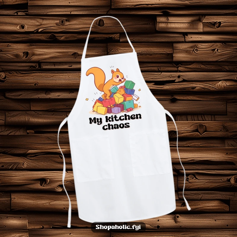 Funny squirrel apron featuring a hyperactive character chasing a tumbling pile of colorful boxes, perfect for kitchen or messy activities.