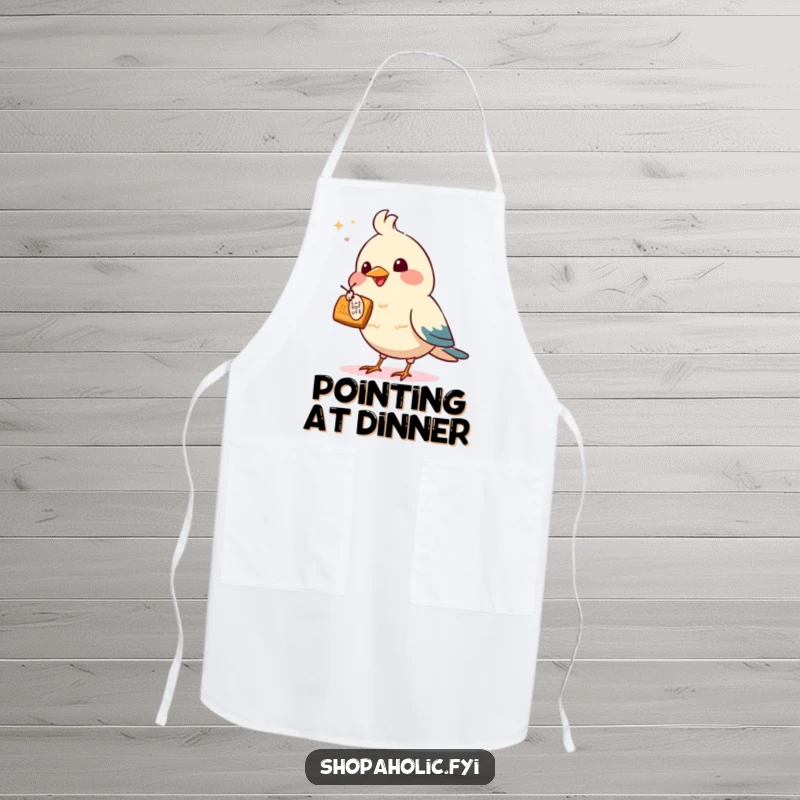 Funny apron with an excited bird pointing at a tempting offer, perfect for kitchen or shopping protection.