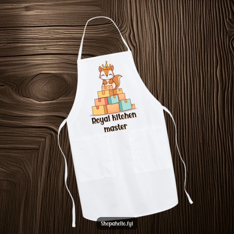 Funny Squirrel King Apron showing a mischievous squirrel with a tiny crown atop a mountain of boxes, ideal for humorous kitchen attire.