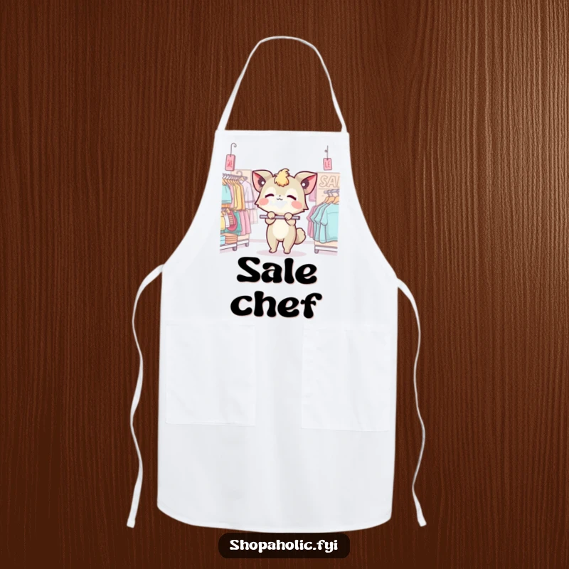 Funny apron with a creature dramatically swooning over a sale rack, ideal for kitchen adventures.