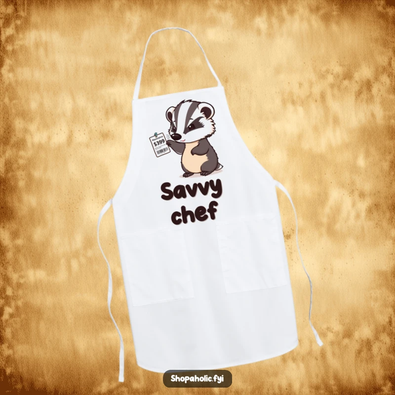 Funny apron with a determined badger giving a satisfied nod to a price tag, ready to prepare a budget-friendly meal.
