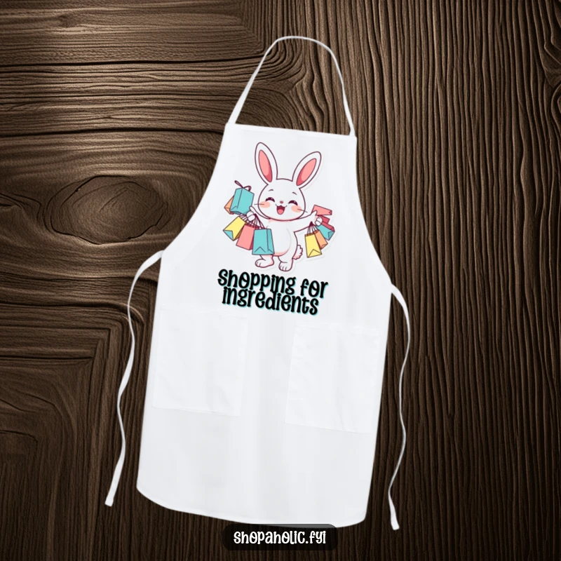 Funny Apron with a cheerful bunny character holding many shopping bags, offering protection during errands.