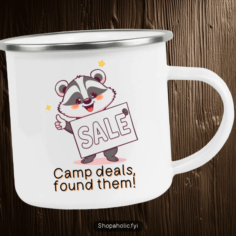Funny Badger Sale Hunter Camping Mug - Rugged mug with a humorous badger pointing at a sale banner, perfect for outdoor bargain hunters.