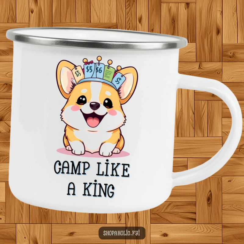 Funny Corgi Camping Mug: A joyful corgi with a price tag crown sits on this funny enamel mug, ready for the outdoors.