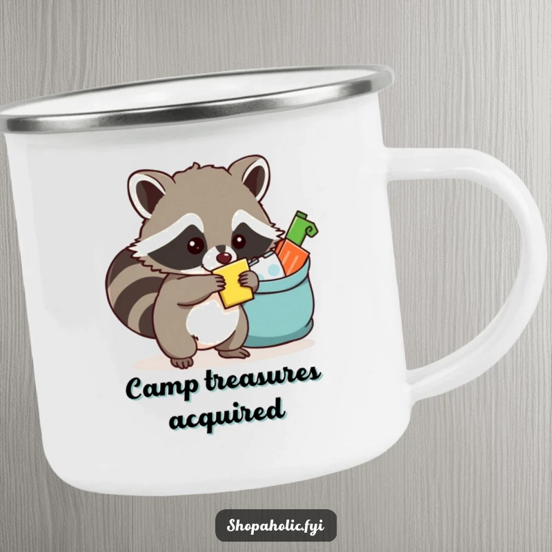 Funny raccoon camping mug showing a mischievous raccoon with an overflowing bag, symbolizing resourcefulness and collecting treasures.