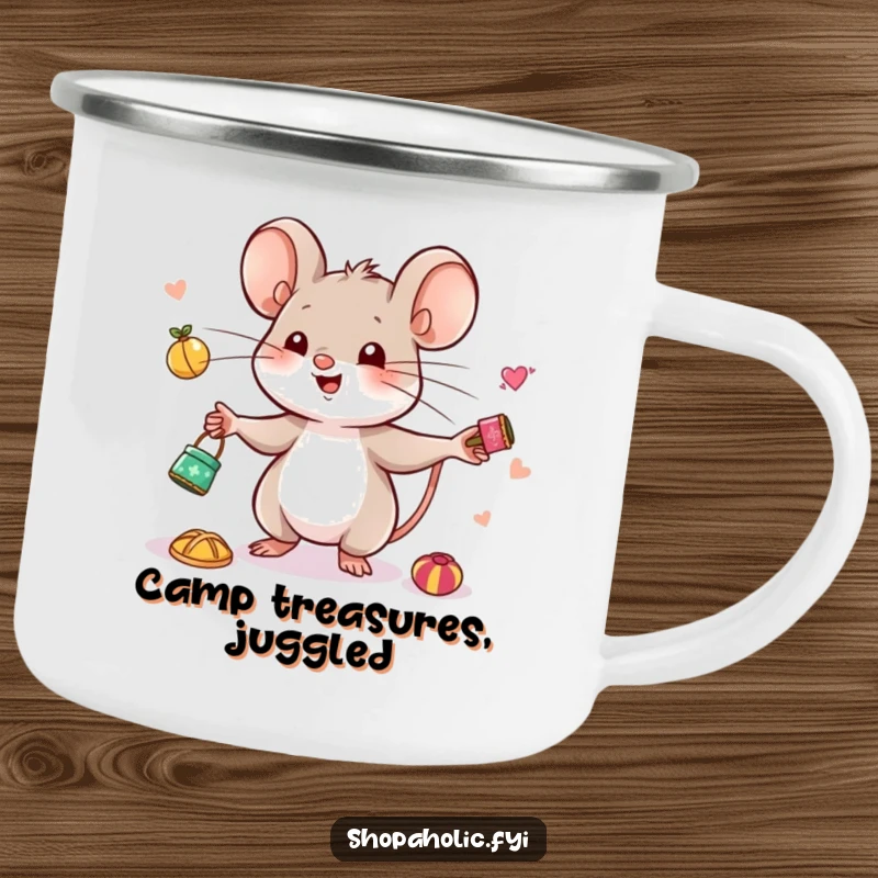 Funny Mouse Juggling Camping Mug - Rugged mug with a humorous mouse juggling tiny trinkets, perfect for happy campers and collectors.