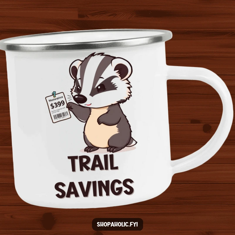 Funny camping mug with a determined badger examining a price tag with a satisfied nod, celebrating outdoor deals.