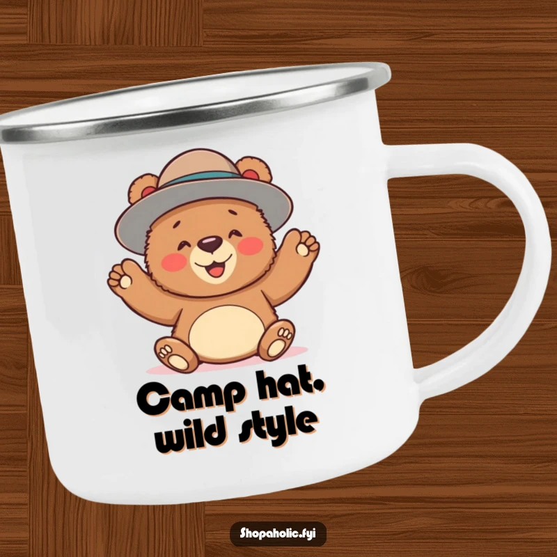 Funny, durable camping mug with a bear joyfully wearing an oversized hat, perfect for outdoor adventures and humorous style.