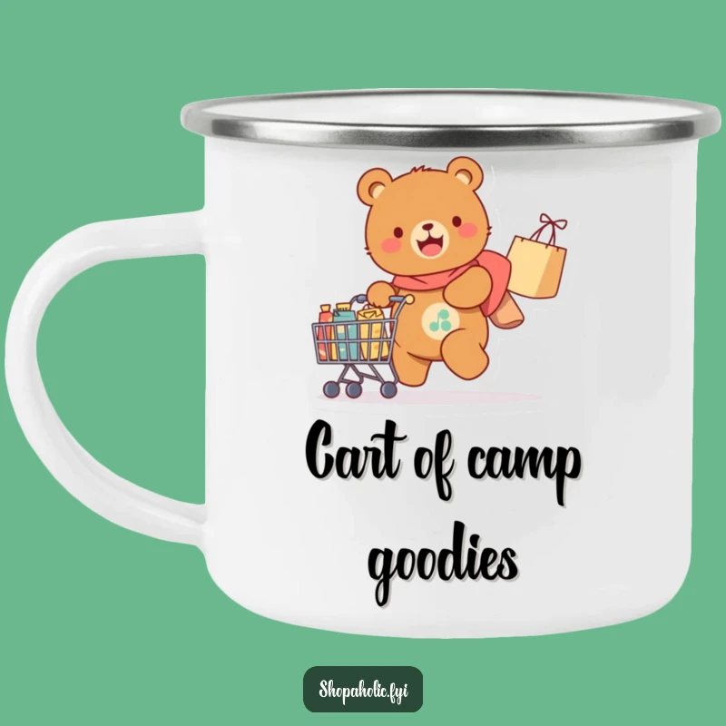 Funny Bear Camping Mug: Durable mug with happy bear and shopping cart, great outdoors gift.
