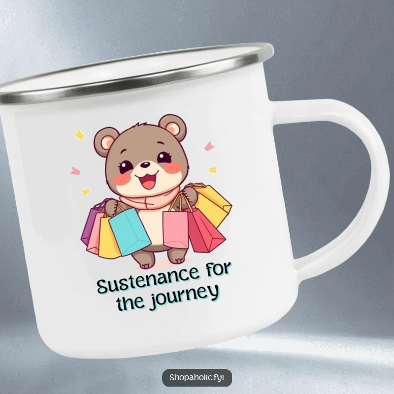 Funny Bear Camping Mug: Enthusiastic bear with a wide grin, holding many shopping bags, durable enamel mug.