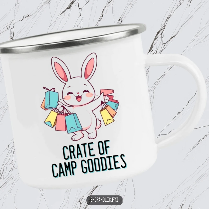 Funny Camping Mug featuring a cheerful bunny character holding many shopping bags, perfect for shopping breaks.
