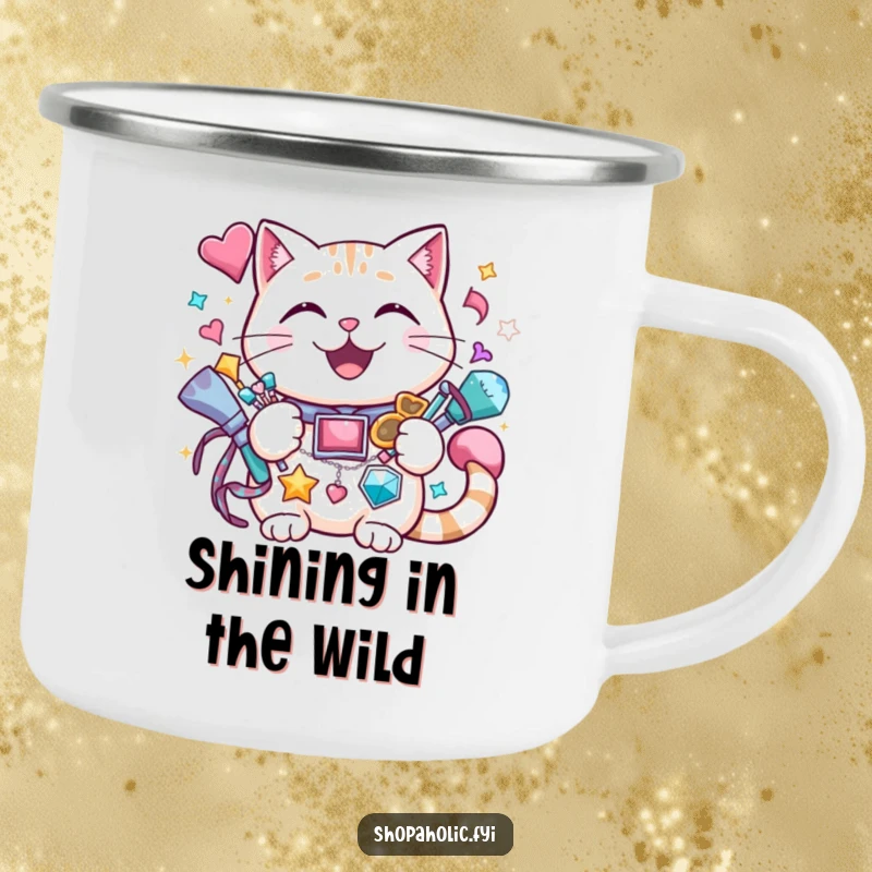 Funny cat camping mug with a cheerful cat holding a vast amount of sparkly accessories, durable for outdoor use.
