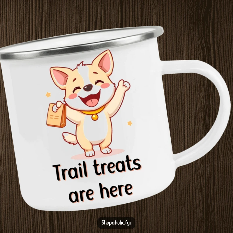 Funny dog camping mug showing a joyful dog doing a happy dance with a new purchase, ready for any adventure.