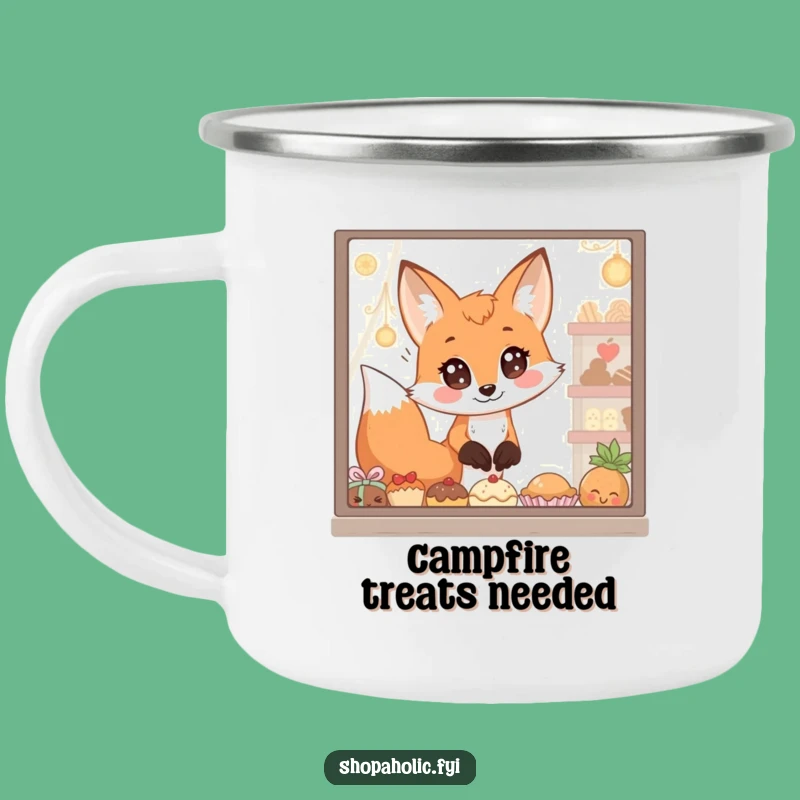 Funny Fox Camping Mug: Durable mug with wide-eyed fox eyeing treats, great outdoors gift.