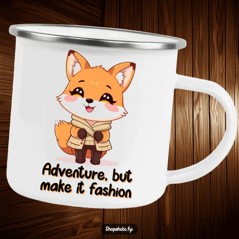 Funny Fox Camping Mug: Charming fox looking delighted with a perfect outfit, durable enamel mug for stylish adventures.