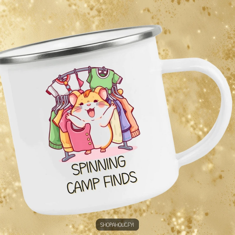Funny hamster camping mug, joyfully spinning around clothes racks, durable for adventures, bringing fashion humor, a gift.