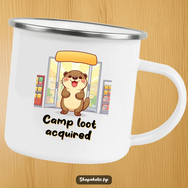 Funny otter camping mug, exiting a store with arms full, durable for adventures, bringing shopping humor, a gift.