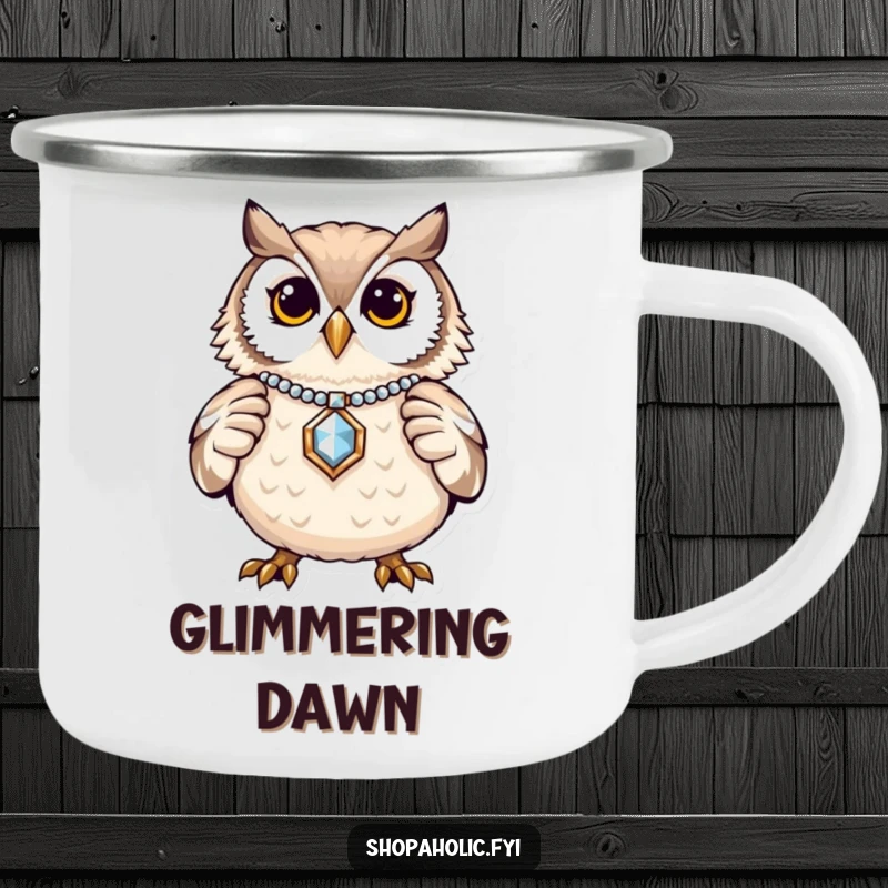 Funny Owl Jewelry Camping Mug: A proud owl with jewelry outdoors, perfect for campers and elegance lovers. Durable and amusing.