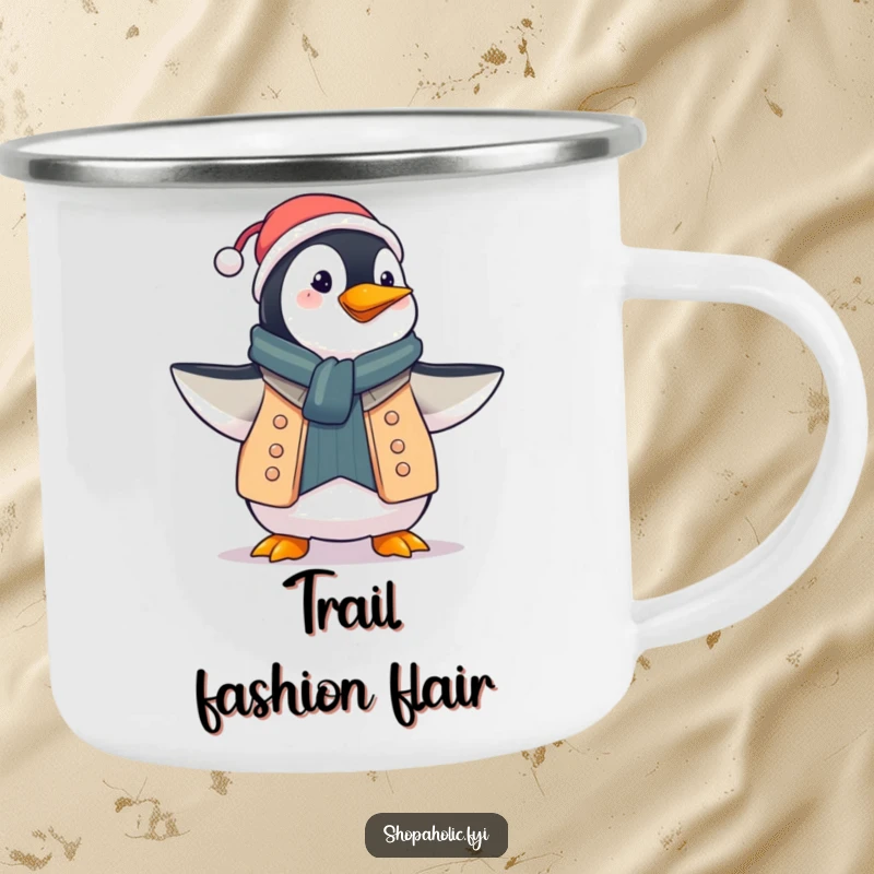 Funny penguin camping mug, proudly displaying a new outfit with a flourish, durable for adventures, bringing fashion humor, a gift.