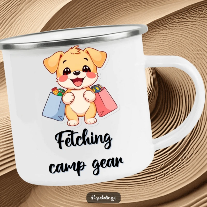 Funny puppy camping mug with a delighted puppy holding shopping bags, durable for outdoor use.
